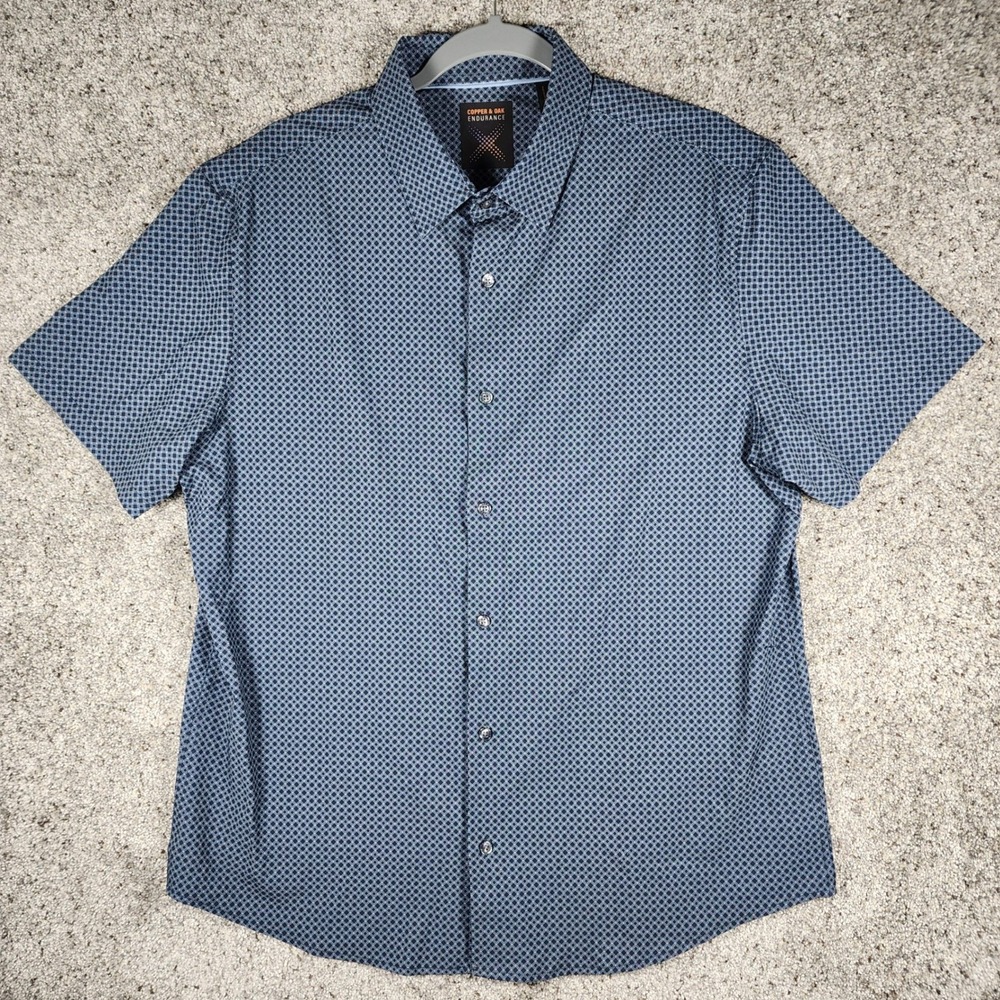 Copper & Oak Button Down Mens Large Blue Geometric Stretch Endurance Excellent